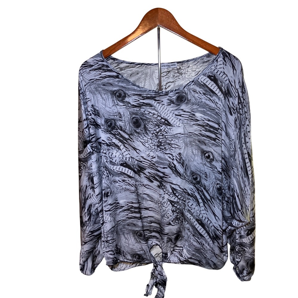 Cha Cha Vente Peacock Print Blouse Women Large Gray Tie Front Dolman Sleeve Top